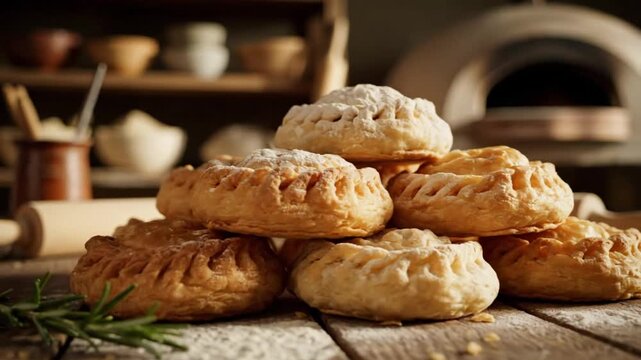 Delicious baked pastries on wooden table with rustic kitchen setting and food preparation tools
