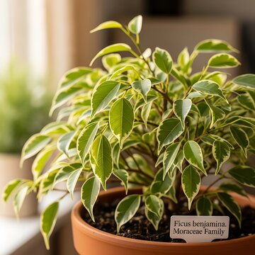 Variegated Ficus Benjamina Plant in a Terracotta Pot.