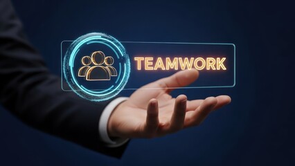 Businessman presenting futuristic holographic interface for word "teamwork" group icon, for successful collaboration, professional unity, organizational partnership
