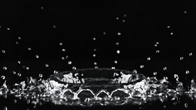 Water droplets colliding and splashing in a crown shape against a dark background.