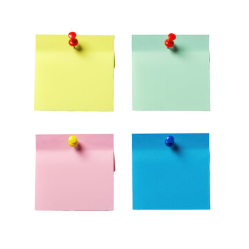 high-quality macro flat lay of six square adhesive notes in a 2x3 grid (yellow, magenta, cyan, mint, pink, sapphire) tacked to infinite white background, concept of structure and organization