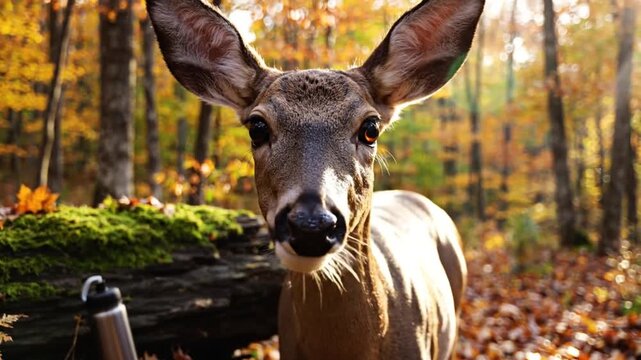 Curious deer in a vibrant autumn forest stares directly at the camera with beautiful amber eyes and lush natural scenery