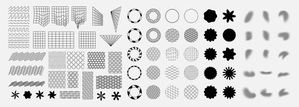 Vector illustration. Bundle of linear flat design elements for poster, book cover, frame, gift card, magazine. Simple minimalist line art wavy objects. Halftone dots, circle shapes, memphis pattern