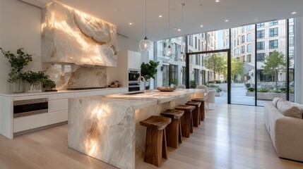 Luxurious modern kitchen island with backlit onyx and elegant wooden stools overlooking a courtyard