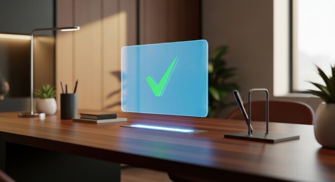 Glowing virtual screen with large green checkmark on modern wooden office desk, for digital verification, successful task completion, quality assurance, future business approval processes - Powered by Adobe