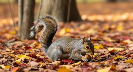 Squirrel Foraging Among Autumn Leaves in a Forest Setting.