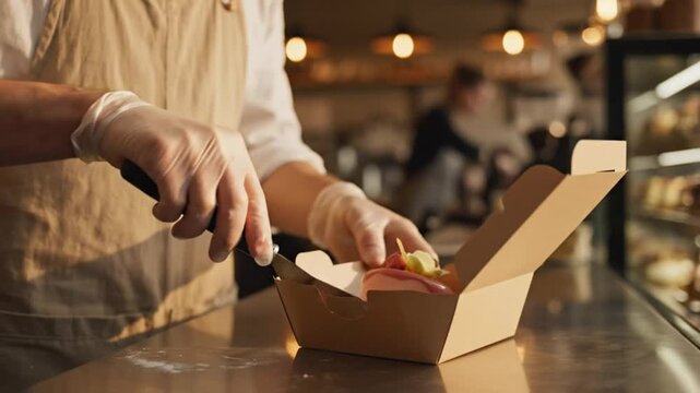 Pastry chef carefully places a delicate floral cake into a cardboard box for takeout in a sunlit bakery