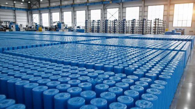 Large Battery Manufacturing Facility Showing Rows of Blue Cylindrical Batteries in Industrial Setting