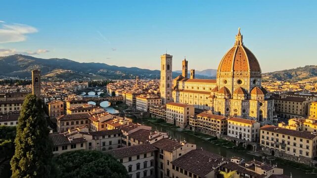 Scenic aerial view of Florence Italy with the Duomo and historic buildings at sunset