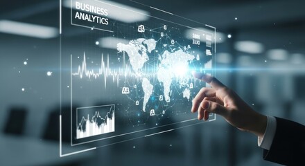 Hand touching virtual interface screen with business analytics, with global network map, demographic data, waveform charts, for worldwide connectivity, digital strategy, data-driven success