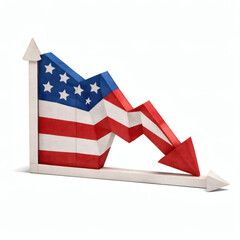 Economic Downturn:  A downward-trending graph, stylized in the form of a falling arrow, is emblazoned with the stars and stripes, symbolizing economic concerns.