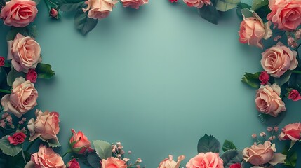 A beautiful floral arrangement of pink roses on a teal background with green leaves and small flowers