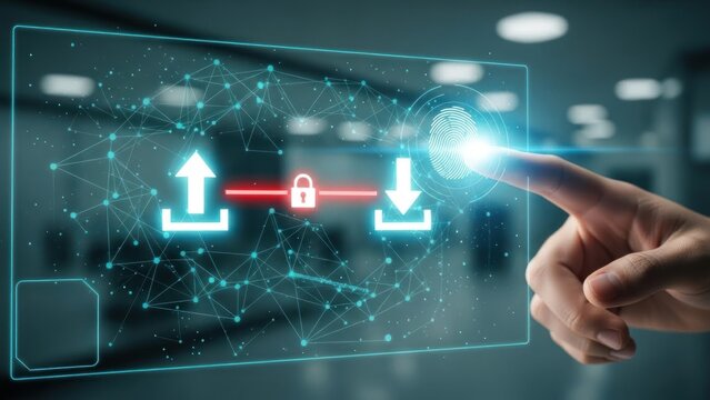 Hand touching glowing fingerprint authentication interface with upload download icons connected secure padlock, for biometric data transfer, cybersecurity, digital privacy, authorized cloud - Powered by Adobe