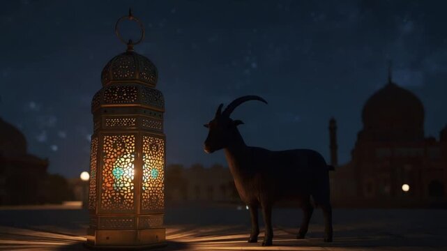 Eid al-Adha Lantern Light and Goat Silhouette at Night
