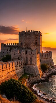 Majestic Medieval Castle at Sunset - A Timeless Fortress by the Sea.