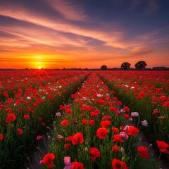Poppy Field at Sunset - A Vibrant Landscape of Red Flowers.