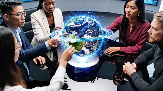 A group of five diverse business professionals gathered around a futuristic, glowing 3D model of the Earth on a sleek, black table in a modern office setting