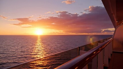 Breathtaking sunset view from a cruise ship balcony, golden hour reflection over the ocean
