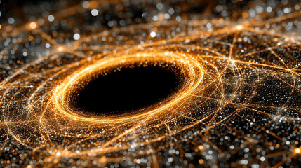 A digital visualization of a black hole surrounded by glowing cosmic particles.