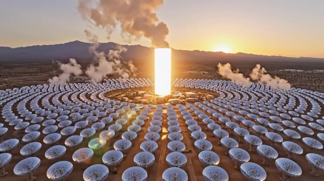 Aerial view of a solar thermal power plant with heliostats reflecting light towards a central tower at sunset