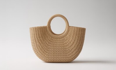 A woven, tan-colored, semi-circular handbag with a round handle against a white backdrop