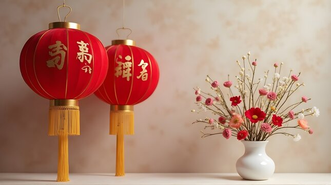 Traditional Chinese New Year decor featuring red lanterns with gold script and a festive bouquet of flowers in a white vase. Copy space.