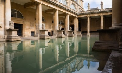 Ancient Roman bath complex with colonnades and water, reflecting the architectural details