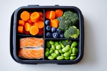 Colorful, healthy meal prep in a black compartmentalized container