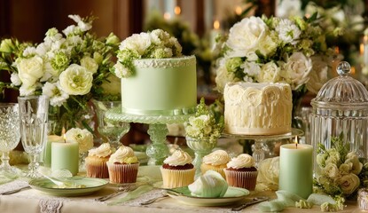 Elegant wedding dessert display with pastel green and white cakes, cupcakes, and flowers