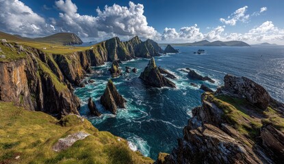 Dramatic coastal landscape with jagged rocks and crashing waves