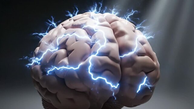 Human brain model illuminated by spotlights, representing intelligence, memory, and neurological function.