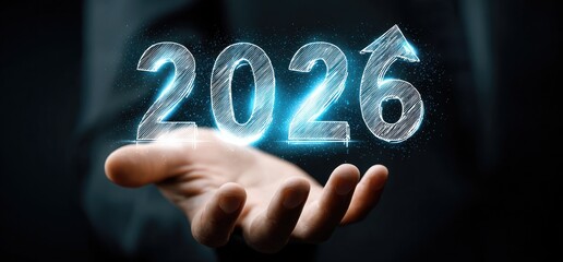 Holographic 2026 year projected onto a hand