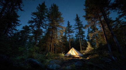Illuminated tent nestled in a dark forest at night.  Stars are visible above the tall evergreens