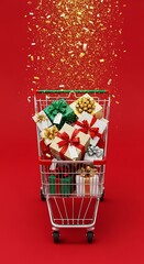 Shopping cart filled with Christmas gifts under golden glitter rain on red background.