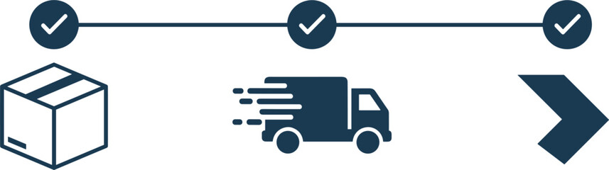 Logistics and delivery process timeline icons showing package box shipping truck and fast arrow for order tracking status. © S O H A G