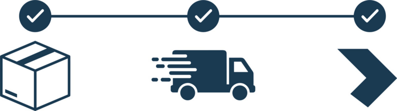 Logistics and delivery process timeline icons showing package box shipping truck and fast arrow for order tracking status.