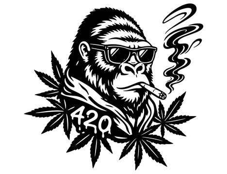 Cool 420 Monkey Illustration, Weed Ape with Sunglasses, Clean Line Art Design