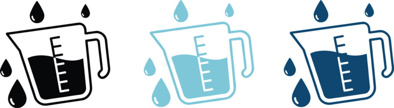 Measuring cup icons set with water droplets in black light blue and dark blue colors for cooking measurements.