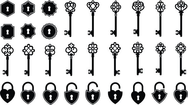 Large collection of vintage skeleton keys antique padlocks and decorative keyholes silhouettes for mystery security and ornate design.