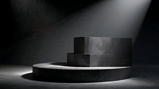 Three black stone blocks on a circular pedestal lit by a spotlight in a dark studio