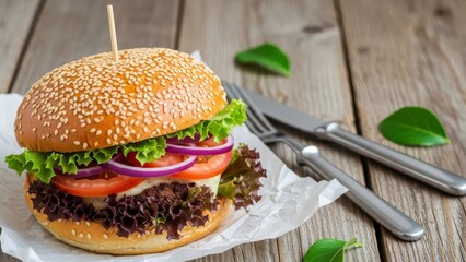 A delicious, fresh burger with vibrant toppings and a wooden table setting, ready to be enjoyed.