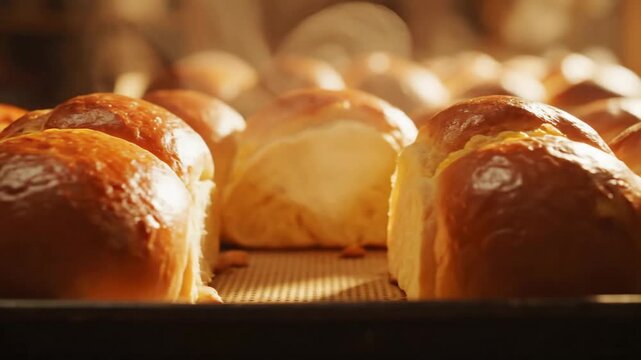 Golden brioche buns resting on a dark baking sheet, gently releasing steam in a warm bakery setting.