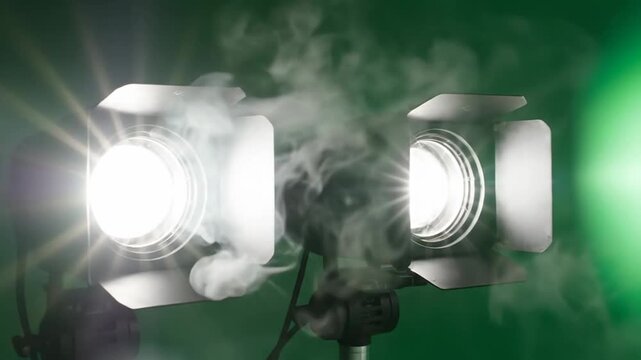 Studio lighting setup with and continuous lights against a green background.