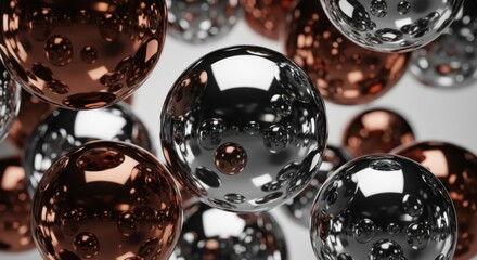 Abstract background floating metallic spheres in polished silver chrome rich copper, with complex reflective surfaces, for high technology, modern structure, luxury, digital innovation