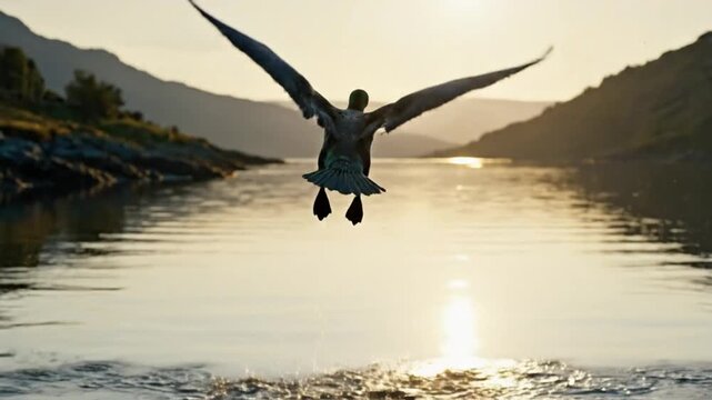 Magnificent cormorant taking flight from water against a beautiful golden sunset sky over mountains and lake