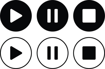 Set of black and white circular media player interface icons including play pause and stop buttons for video. © Vactor Itbd