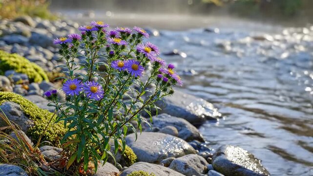 flowers that bloom in autumn - A vibrant cluster of purple asters grows beside a gently flowing stream, surrounded by smooth stones and a soft mist, creating a serene morning atmosphere