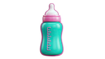 Teal and pink baby bottle with measurements