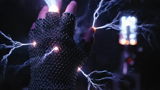 Close-up of a chainmail gauntlet channeling arcing electricity from a high-voltage coil in a dark laboratory