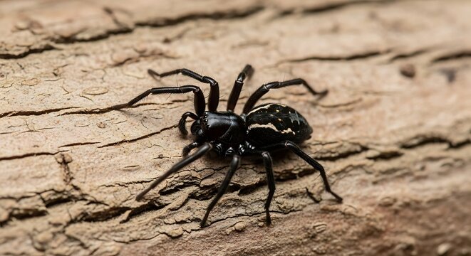 Close-up of a Black Ground Spider on Wood.